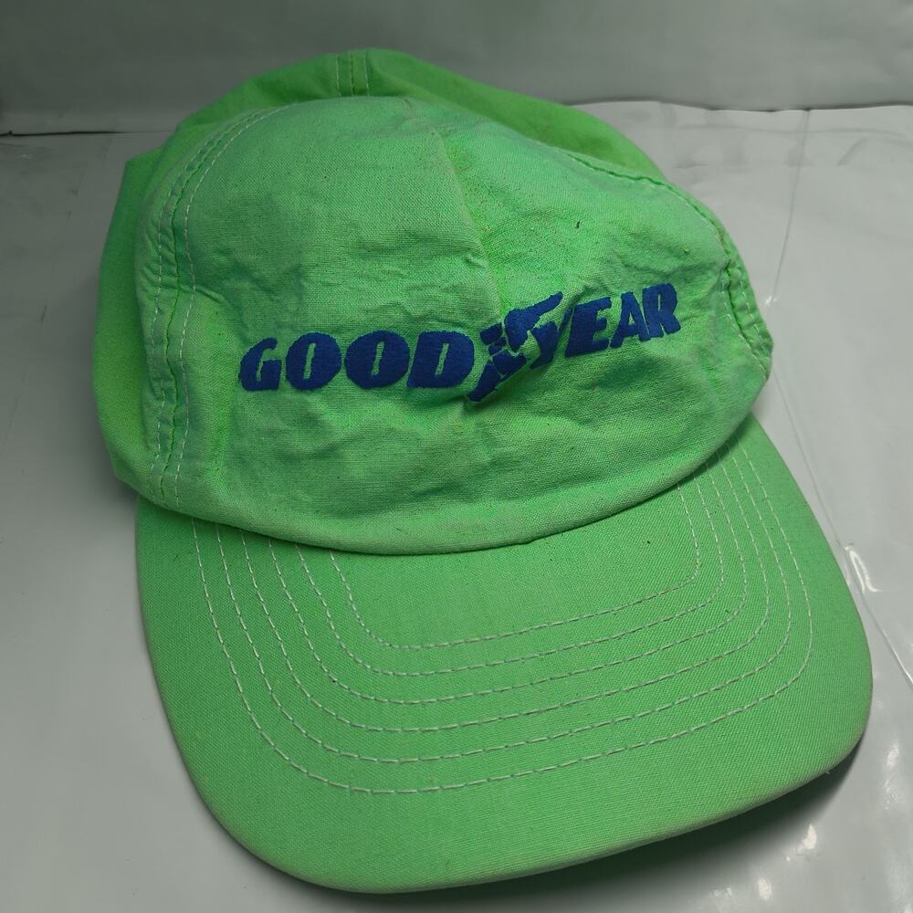 Vintage Goodyear Tire 80s USA Neon Green Snapback Trucker Hat Cap Identity Tag